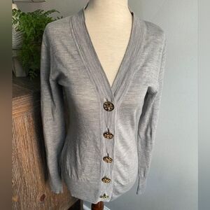 Tory Burch Gold Logo Button Gray Cardigan Sweater Small